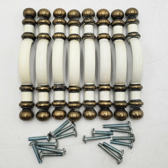 8 Vtg Brass White Enamel Drawer Pull Handles Amerock 5 in 3 Inch Center - Picture 1 of 7
